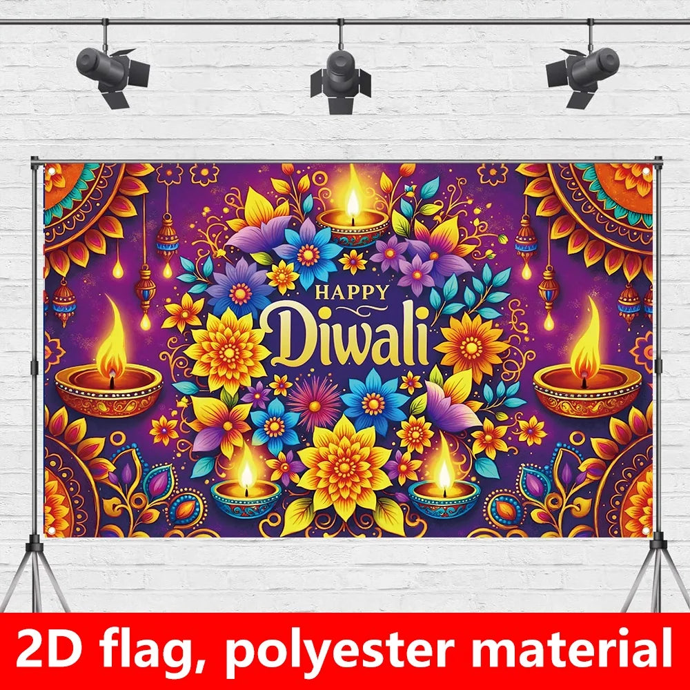 1 extra large Diwali decoration flag, dark purple background Indian festival party banner, floral pattern