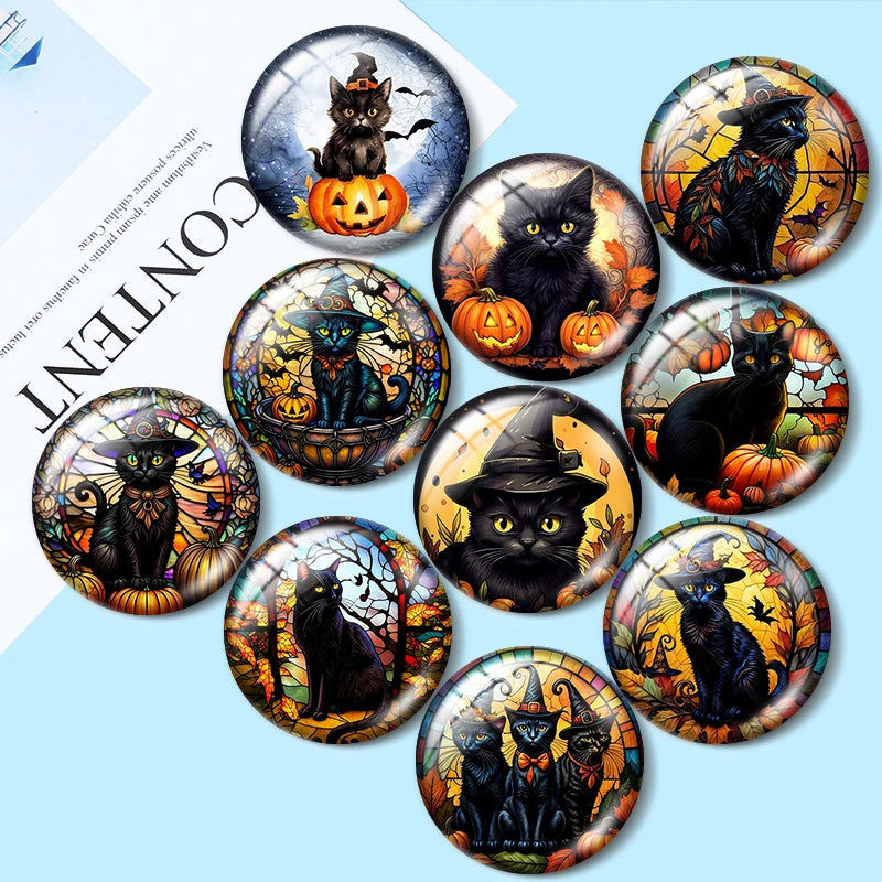 Halloween Black Cat 12mm14mm/16mm/18mm/20mm/25mm Round photo glass cabochon demo flat back Making findings