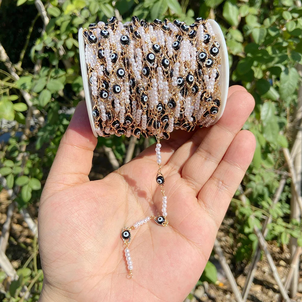 Colorful Evil Eye Beads Chains Stainless Steel Link Pearl Beaded Chains Turkey Eye Link Chain for Necklace Making Jewelry DIY