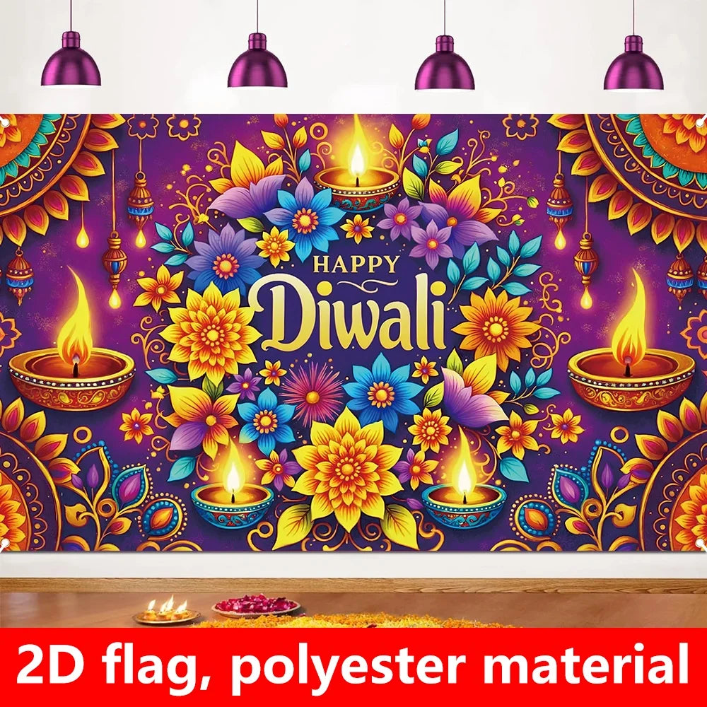 1 extra large Diwali decoration flag, dark purple background Indian festival party banner, floral pattern