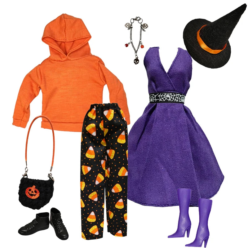 1/6 Doll Cosplay Clothes Halloween dress Witch Cap Belts Bag Broom Outfits for 12inch BJD Doll 30cm Doll Barbi Xinyi FR Doll