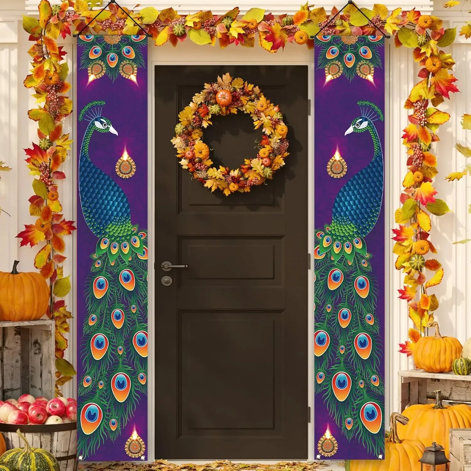 A Pair Of Diwali Porch Banners, Indian Diwali Peacock Front Door Welcome Signs, Party Decorations, Durable Polyester Fibre