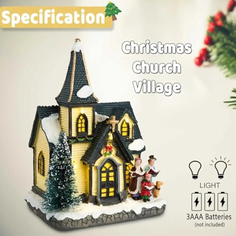 Christmas Church Snow Village House LED Lights Choir Figurines Collectible Building Indoor Holiday Decoration for Home Fireplace