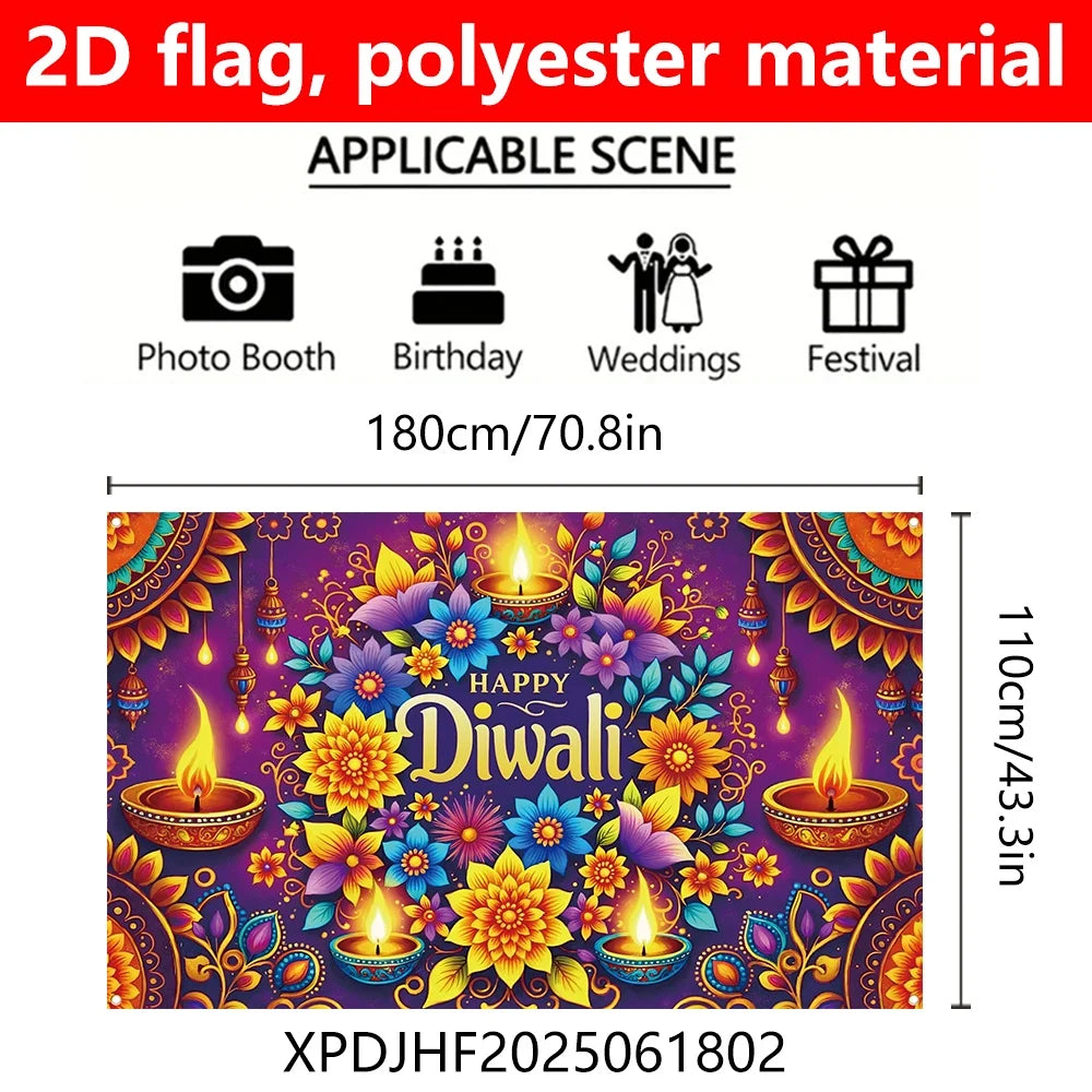1 extra large Diwali decoration flag, dark purple background Indian festival party banner, floral pattern