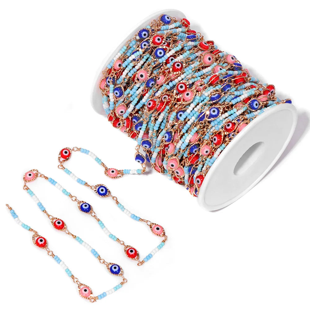 Colorful Evil Eye Beads Chains Stainless Steel Link Pearl Beaded Chains Turkey Eye Link Chain for Necklace Making Jewelry DIY
