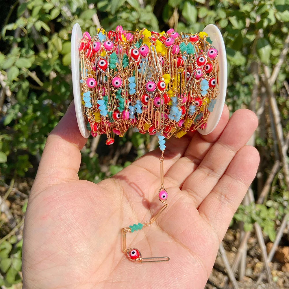 Colorful Evil Eye Beads Chains Stainless Steel Link Pearl Beaded Chains Turkey Eye Link Chain for Necklace Making Jewelry DIY