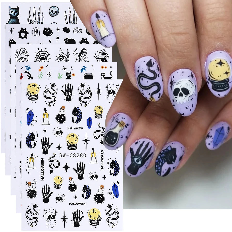 5pcs Halloween Nail Stickers Cartoon Cat Ghost Skull Hand Devil's Eye Snake Design Nail Decals Sliders DIY Manicure Decoration