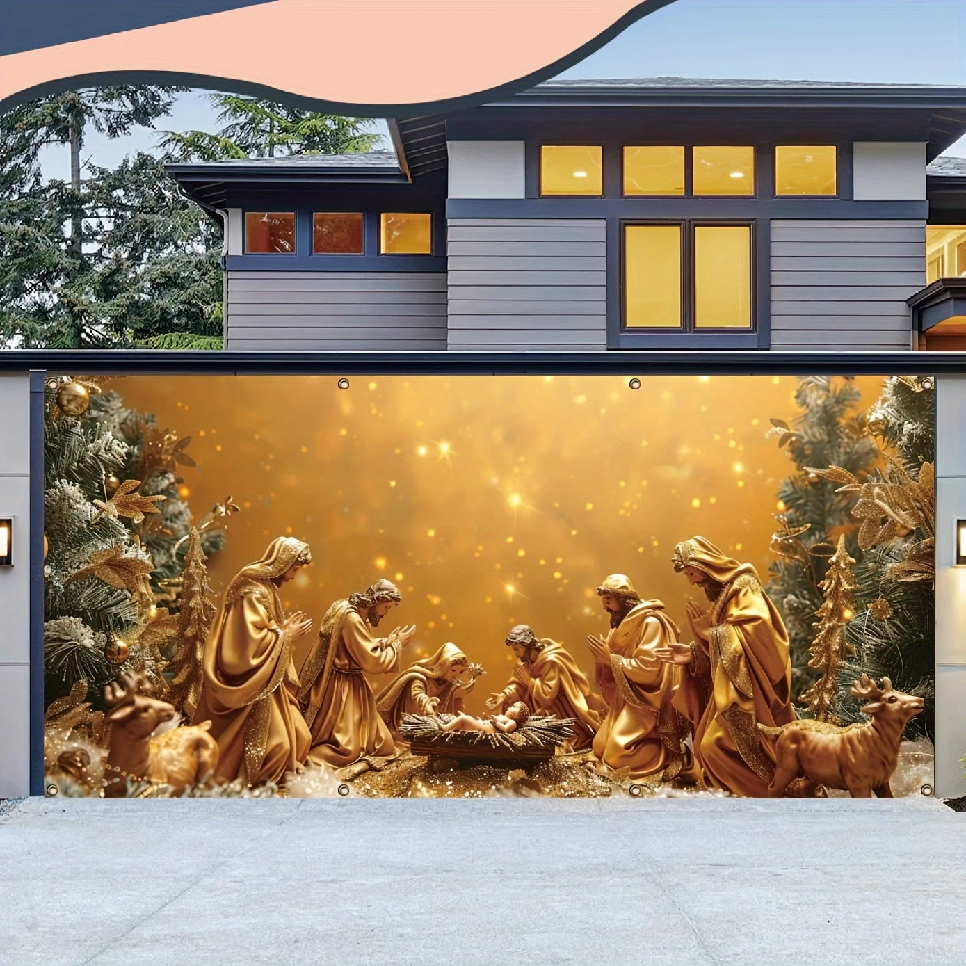 Christmas charm, Nativity scene garage banner - Outdoor holiday wall decoration, polyester background fabric