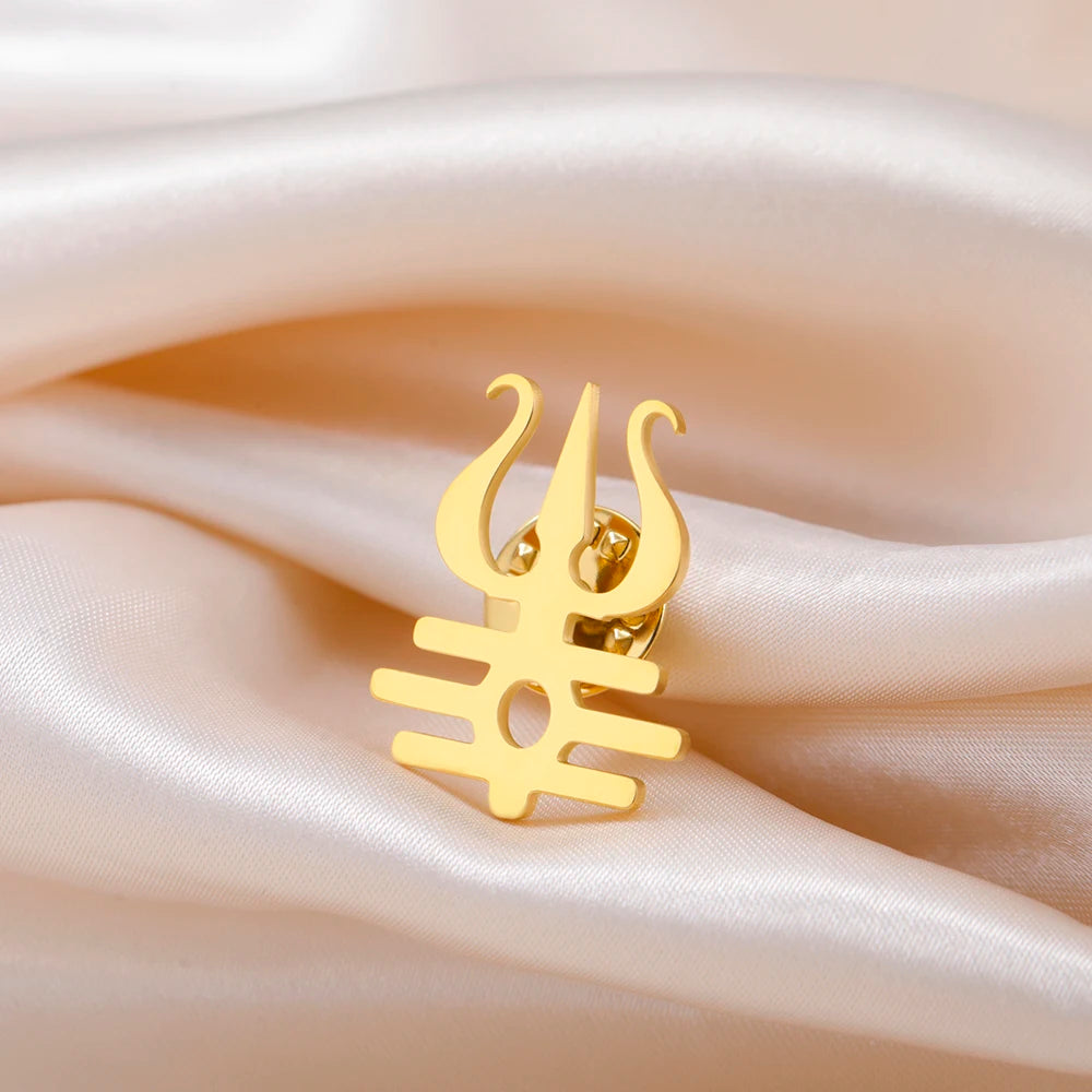 Dawapara Lord Shiva Trident Brooch Mantra Buddhism Hindu God Blessing Symbol Lapel Pins Stainless Steel Jewelry