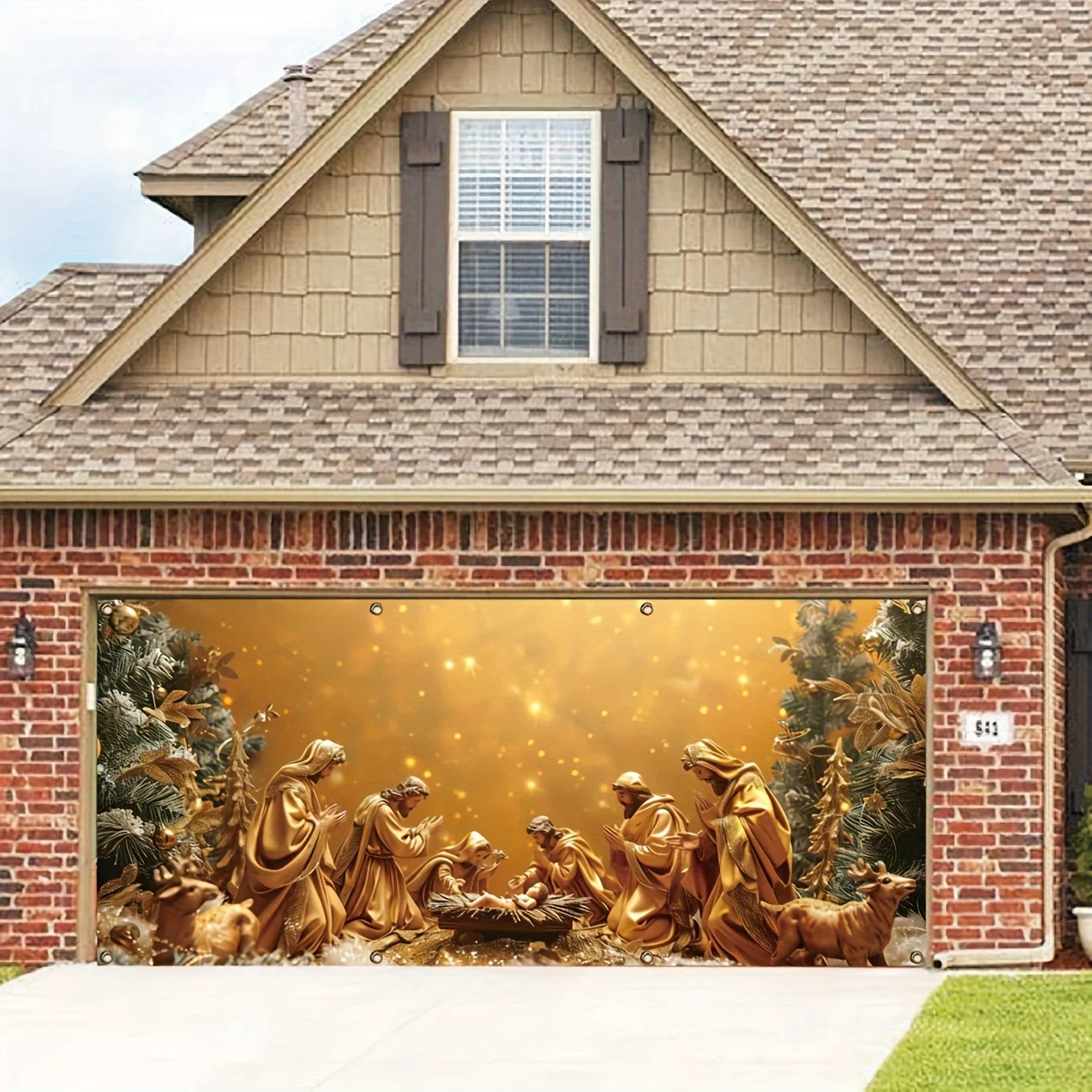 Christmas charm, Nativity scene garage banner - Outdoor holiday wall decoration, polyester background fabric