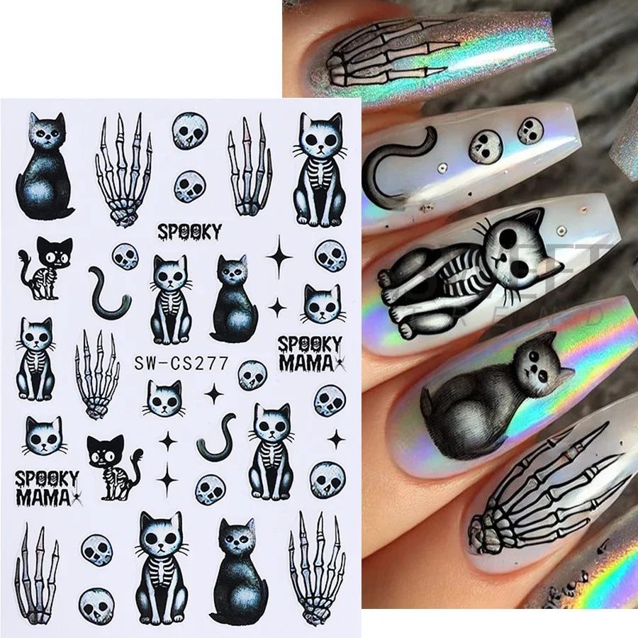 5pcs Halloween Nail Stickers Cartoon Cat Ghost Skull Hand Devil's Eye Snake Design Nail Decals Sliders DIY Manicure Decoration