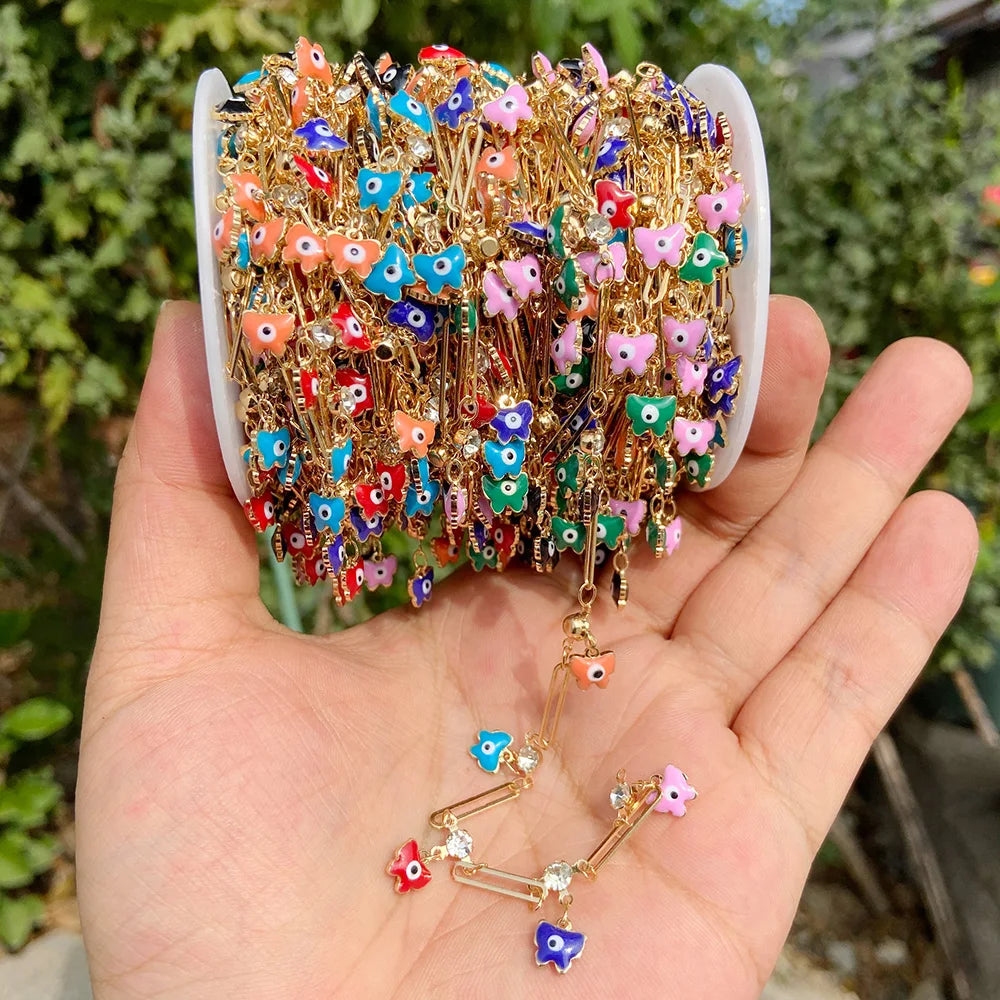 Colorful Evil Eye Beads Chains Stainless Steel Link Pearl Beaded Chains Turkey Eye Link Chain for Necklace Making Jewelry DIY