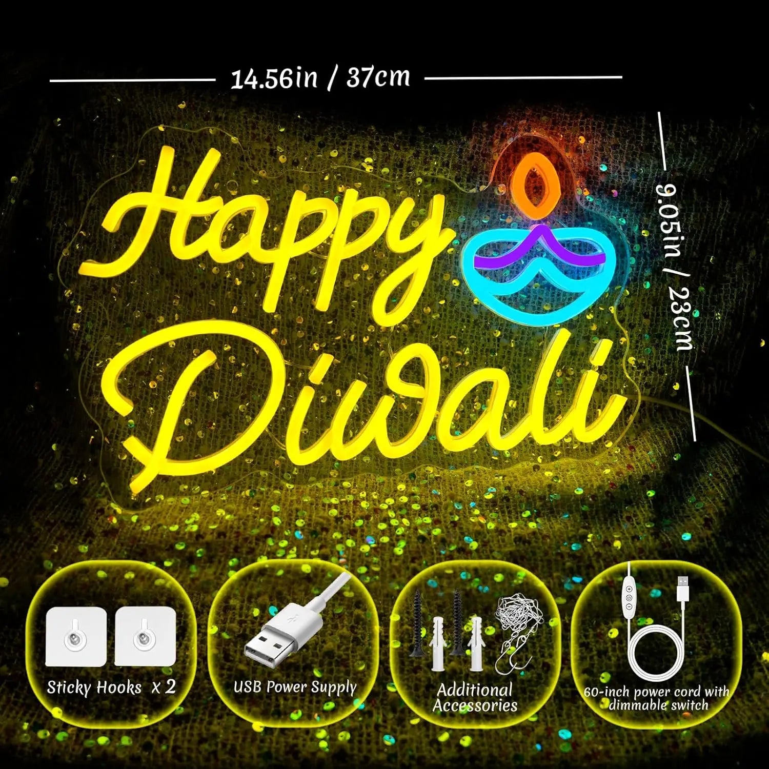 Happy Diwali Neon Lights, Home Diwali Decoration, Indian Festival Decoration Luminous Signs, Dimmable Led Neon Lights Suitable F