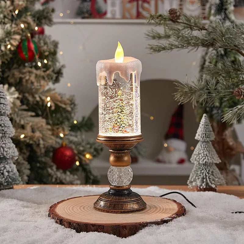 Christmas Decorations Water Filled Candles with Scene Crystal Lights Snowfall Effect Santa Claus Figurine Perfect Holiday Gift