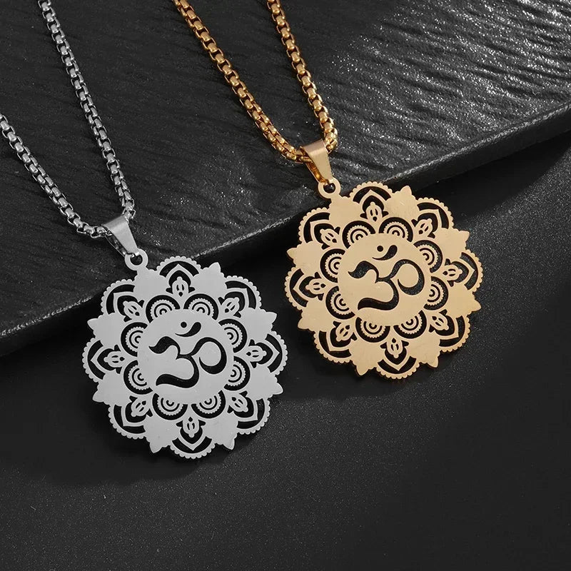 Stainless Steel Indian Religious Mandala Lotus Symbol Necklace Men Women Yoga Om Casual Jewelry