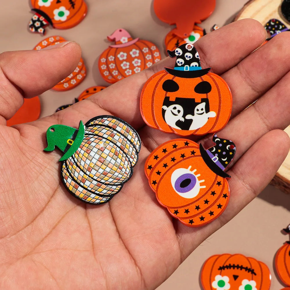 10pcs/lot Halloween Cute Charms Creative Ghost Pumpkin Acrylic Print Pendant for DIY Jewelry Making Necklace Earring Accessories