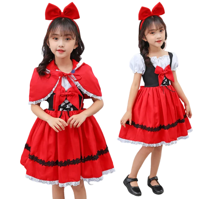 Girls Little Red Riding Hood Cosplay Children's Costume Princess Halloween Dress Headband + Pumpkin Bag Set Dresses for Girls