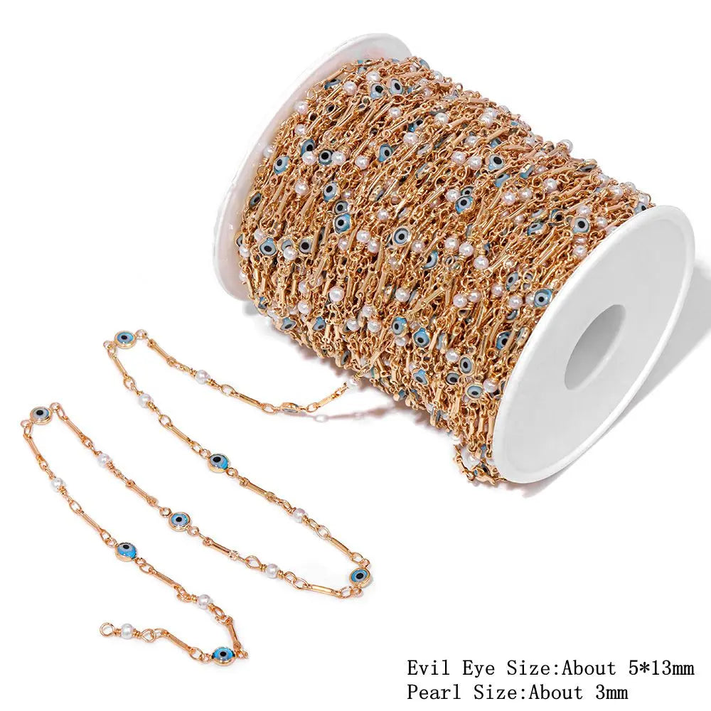 Colorful Evil Eye Beads Chains Stainless Steel Link Pearl Beaded Chains Turkey Eye Link Chain for Necklace Making Jewelry DIY