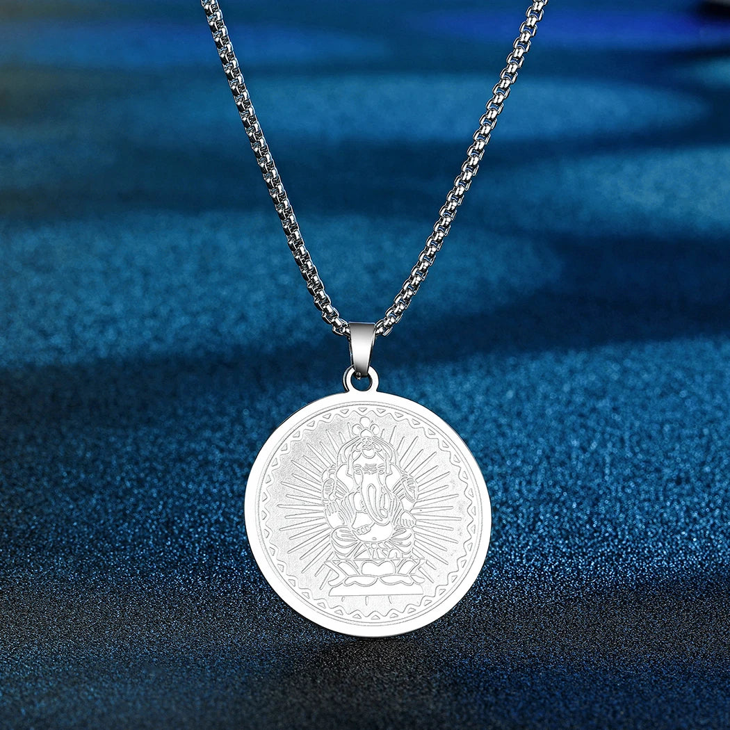 Chandler Stainless Steel Ganesha Coin Necklace For Man Lord Medallion Gold Plated Pendant Hindu Him