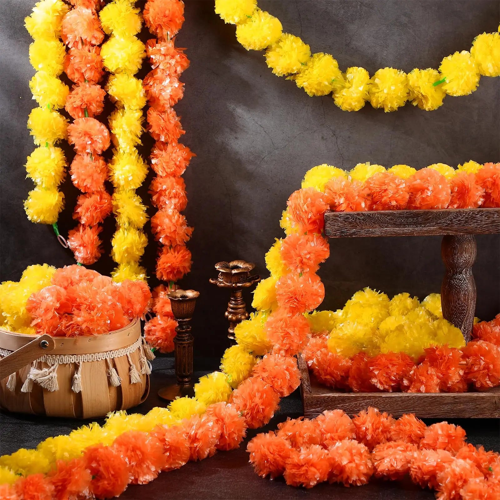5-50pcs Marigold Flower Garland For Decoration 5 ft Artificial Flowers Mexican Diwali Indian Wedding Party Pooja Day of The Dead
