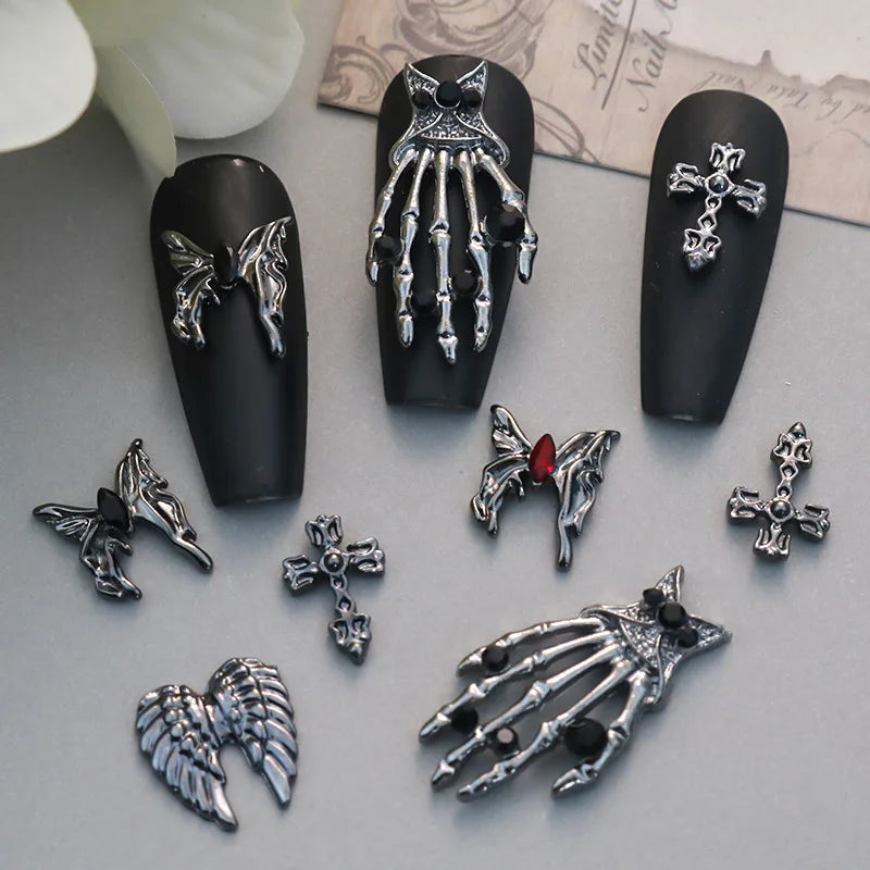 10PCS Black Iron Cross Skull Nail Charms Parts Butterfly Wing Accessories Halloween Nail Art Decoration Design Supplies Material