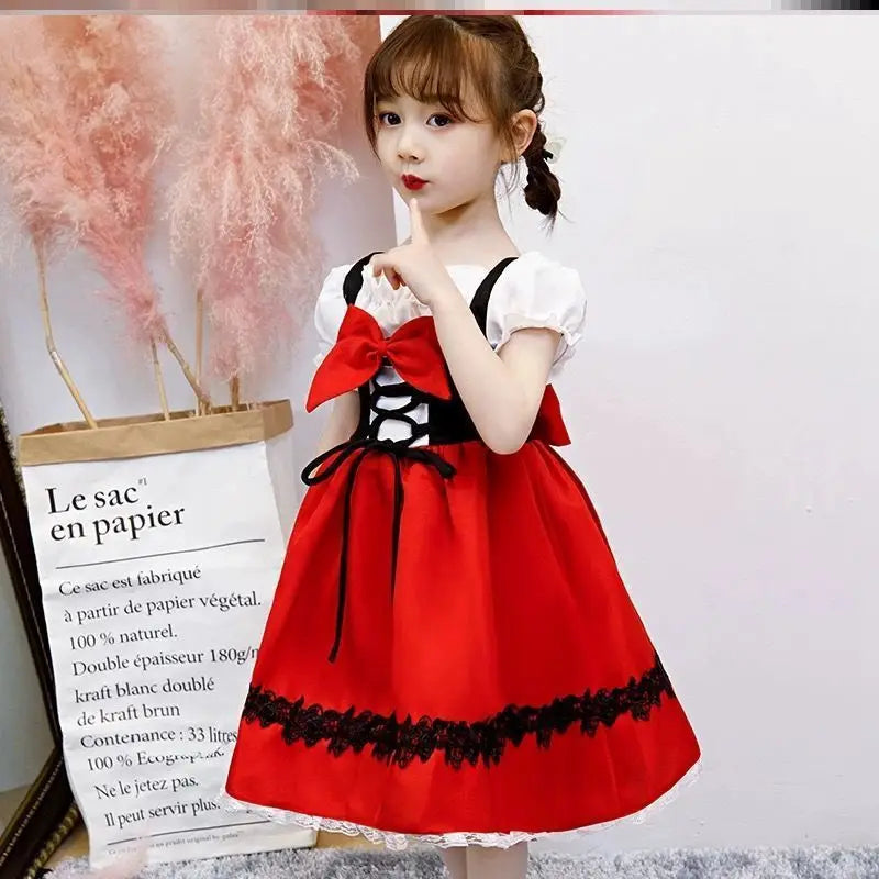 Girls Little Red Riding Hood Cosplay Children's Costume Princess Halloween Dress Headband + Pumpkin Bag Set Dresses for Girls
