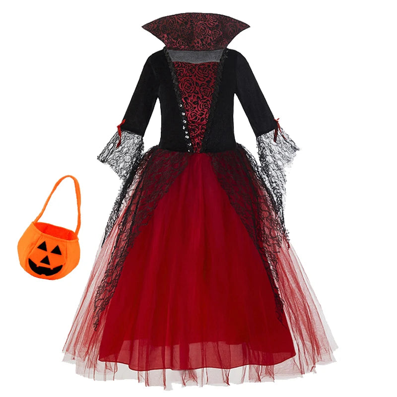 Vampire Halloween Dress for Kid Ghost Bride Gothic Witch Cosplay Costume Carnival Party Black and Red Clothes Dresses for Girls