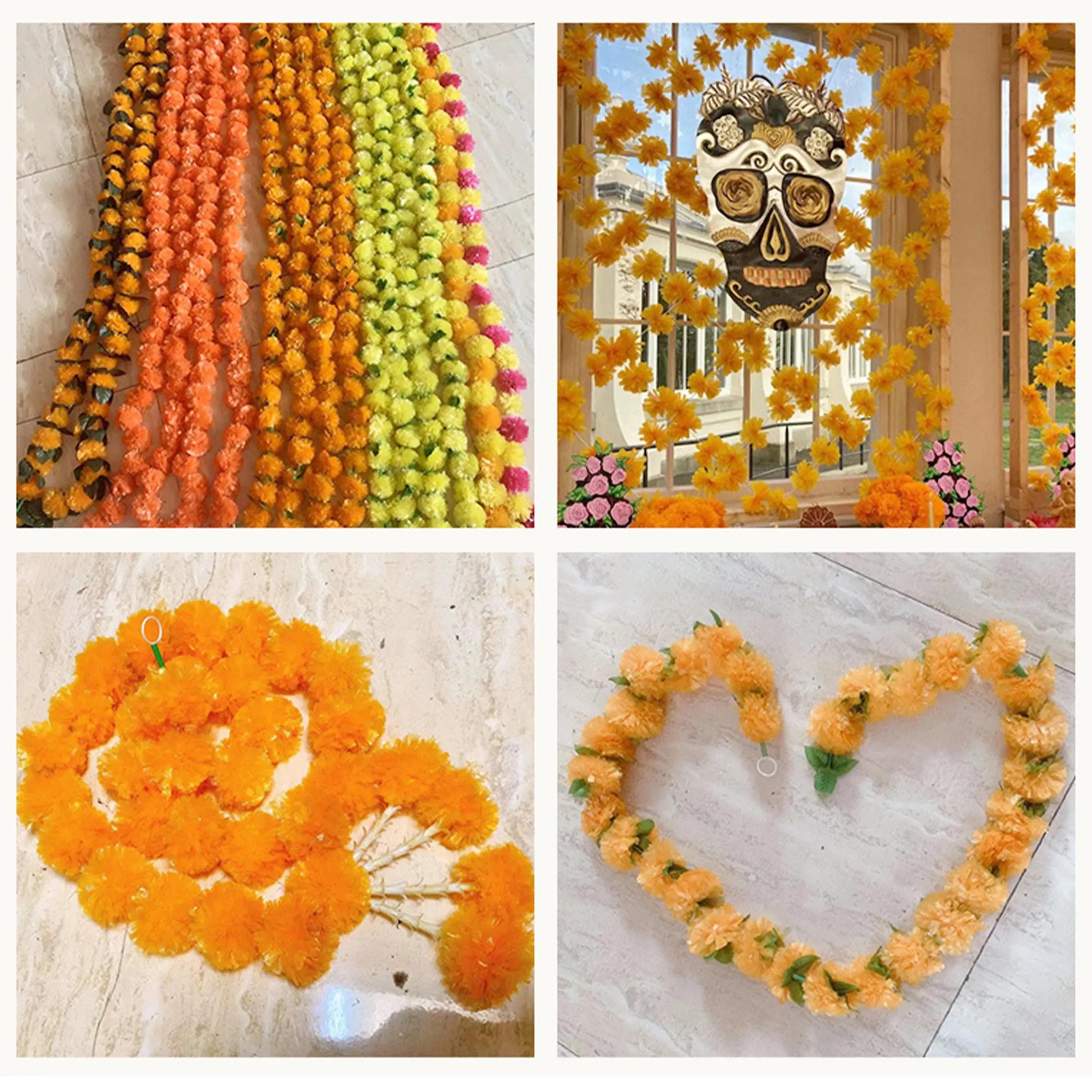 2 Pcs Marigold Flower Garland with бо Flowers for Diwali Mexican Dia de los Muertos DIY Wreath Day of The Dead Decor Party