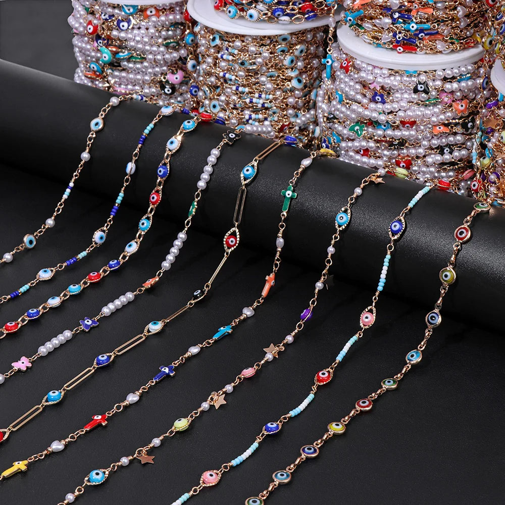 Colorful Evil Eye Beads Chains Stainless Steel Link Pearl Beaded Chains Turkey Eye Link Chain for Necklace Making Jewelry DIY