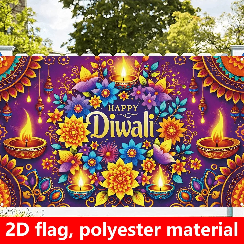 1 extra large Diwali decoration flag, dark purple background Indian festival party banner, floral pattern