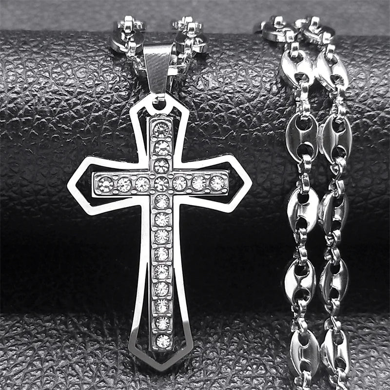 Jesus Cross Crucifix Pendant Necklace for Men Stainless Steel Gold Color Christian Coffee Bean Chain Jewelry croix chrétienne