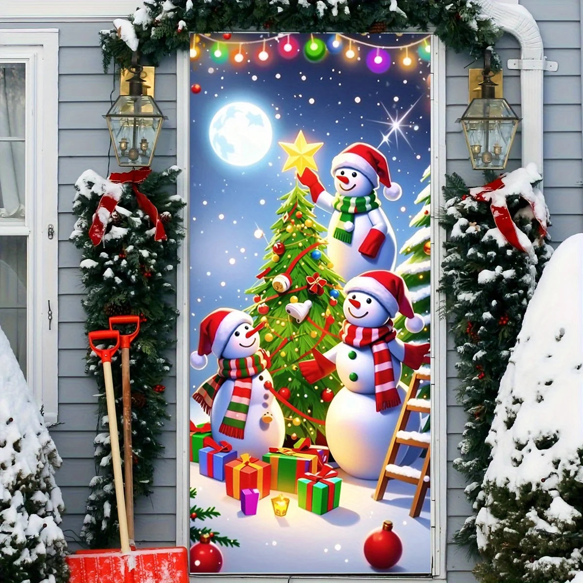 Christmas door casing, snowman decorated Christmas tree, washable to add joy, perfect holiday, entrance and outdoor party