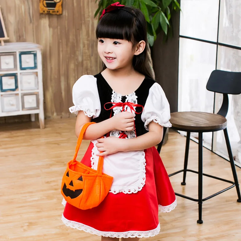 Girls Little Red Riding Hood Cosplay Children's Costume Princess Halloween Dress Headband + Pumpkin Bag Set Dresses for Girls