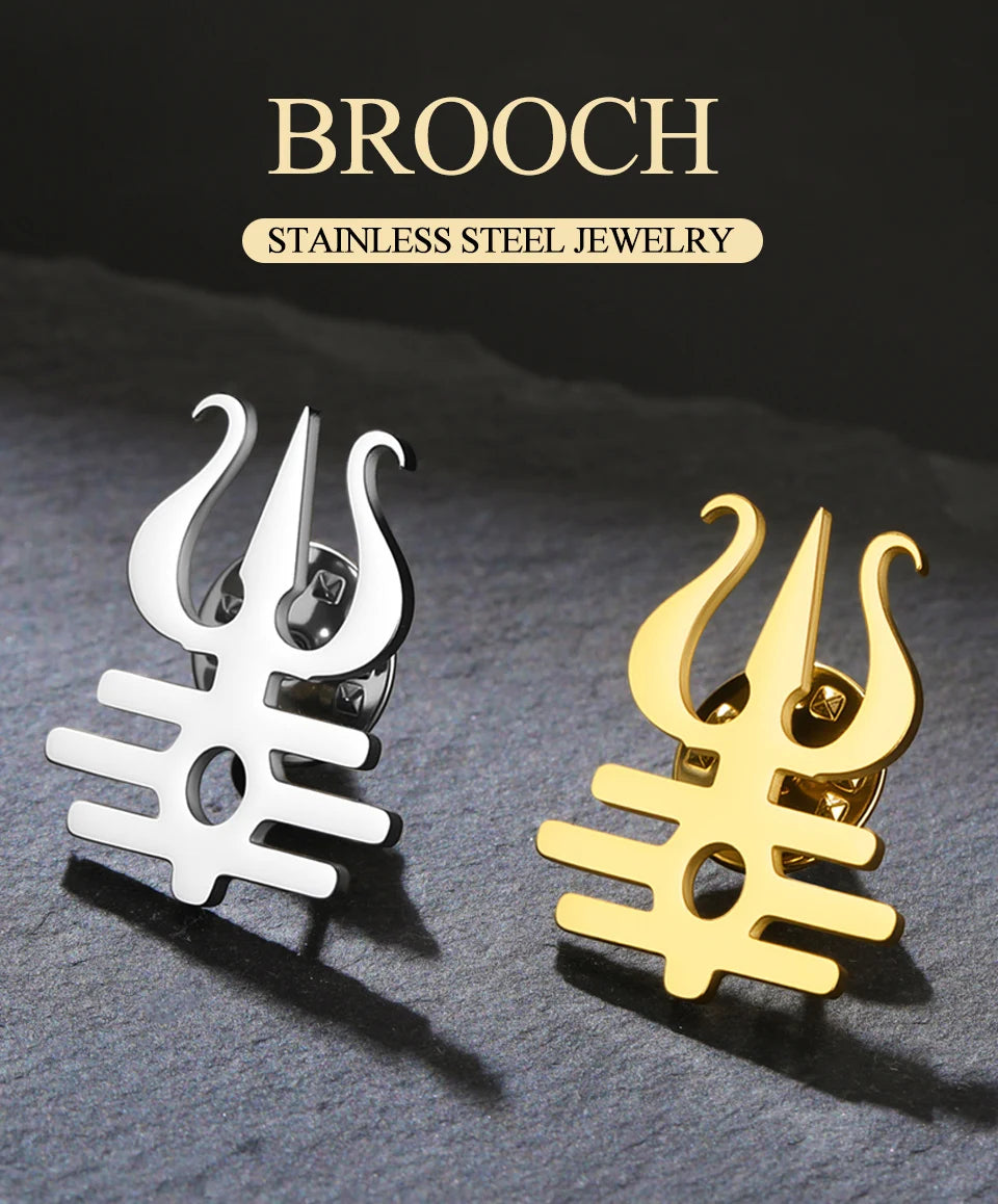 Dawapara Lord Shiva Trident Brooch Mantra Buddhism Hindu God Blessing Symbol Lapel Pins Stainless Steel Jewelry