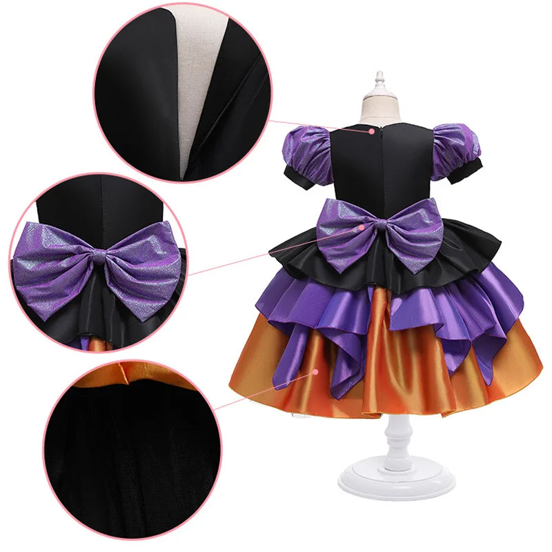 Children Girls Purple Puff Sleeve Sequins Big Bow Princess Dress For Kids Birthday Halloween Dress Up Carnival Party Gown