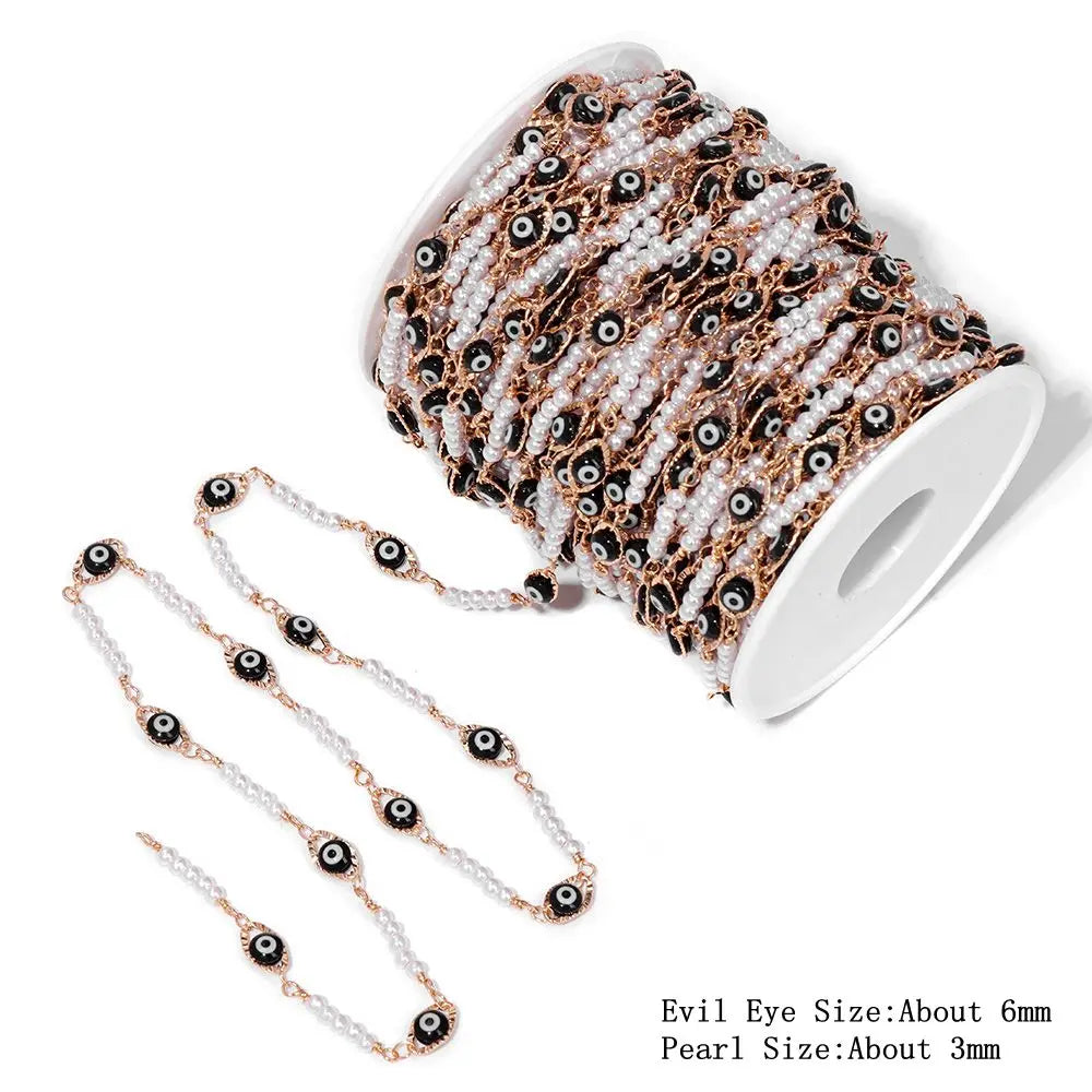 Colorful Evil Eye Beads Chains Stainless Steel Link Pearl Beaded Chains Turkey Eye Link Chain for Necklace Making Jewelry DIY