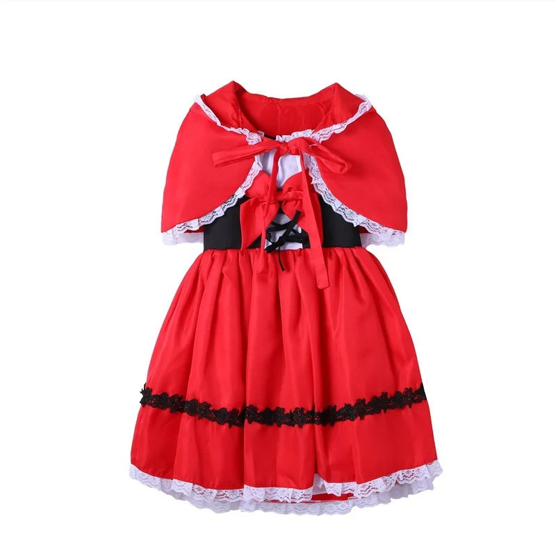 Girls Little Red Riding Hood Cosplay Children's Costume Princess Halloween Dress Headband + Pumpkin Bag Set Dresses for Girls