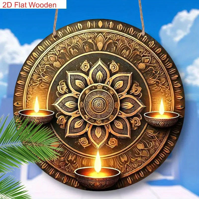 2D Flat ， Traditional Oil Lamp And Artistic Painted Design Happy Diwali Round Sign for Decorating Home