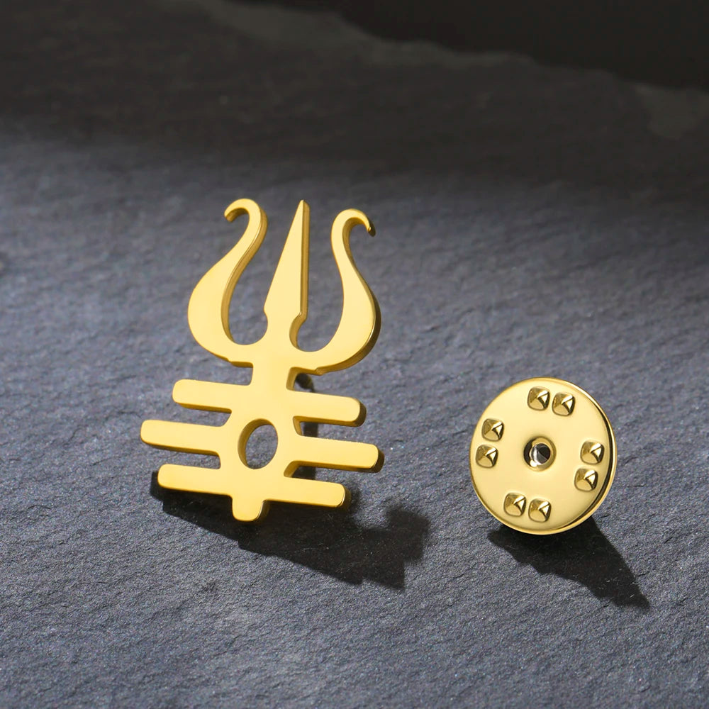Dawapara Lord Shiva Trident Brooch Mantra Buddhism Hindu God Blessing Symbol Lapel Pins Stainless Steel Jewelry