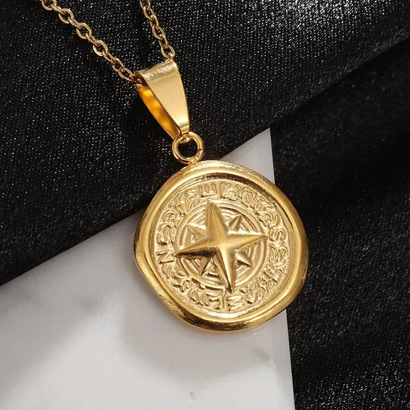 Gold Color Cross Compass Polaris Pendant Round Coin Necklace Men and Women Charm Hip Hop Rock Casual Party Jewelry Gift