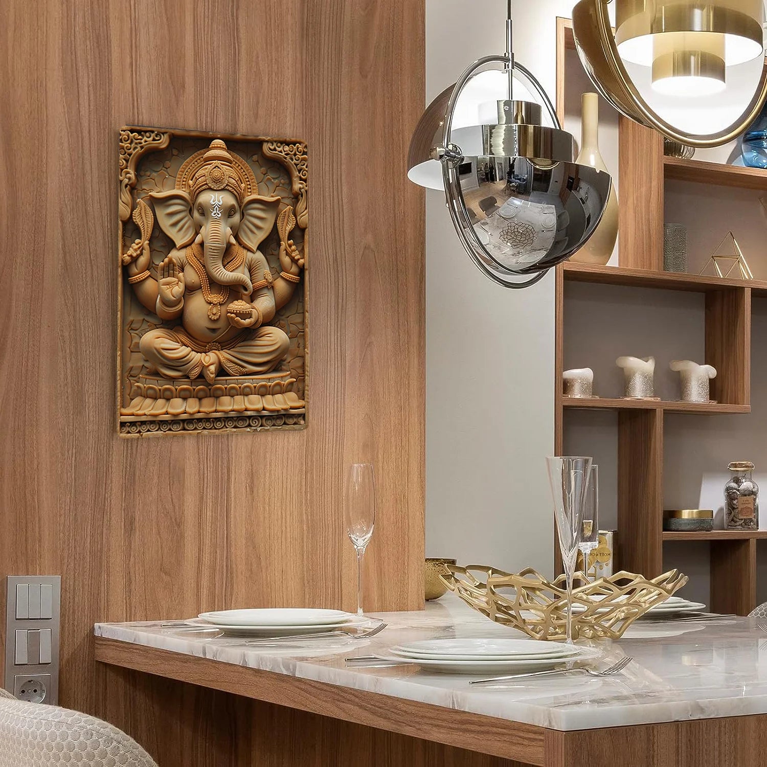 1Pc Ganesha Aluminum Wall Art, 8x12 Inch Moisture Resistant 2D Embossed Hindu Deity Plaque, High Durability Metal