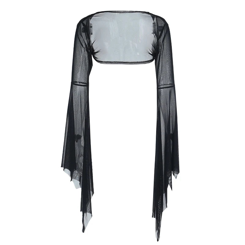 AltGoth Halloween Gothic Mesh Smock Women Vintage Streetwear Witch See Through Bat Sleeve Crop Blouse Sexy Cosplay Clothes Femme