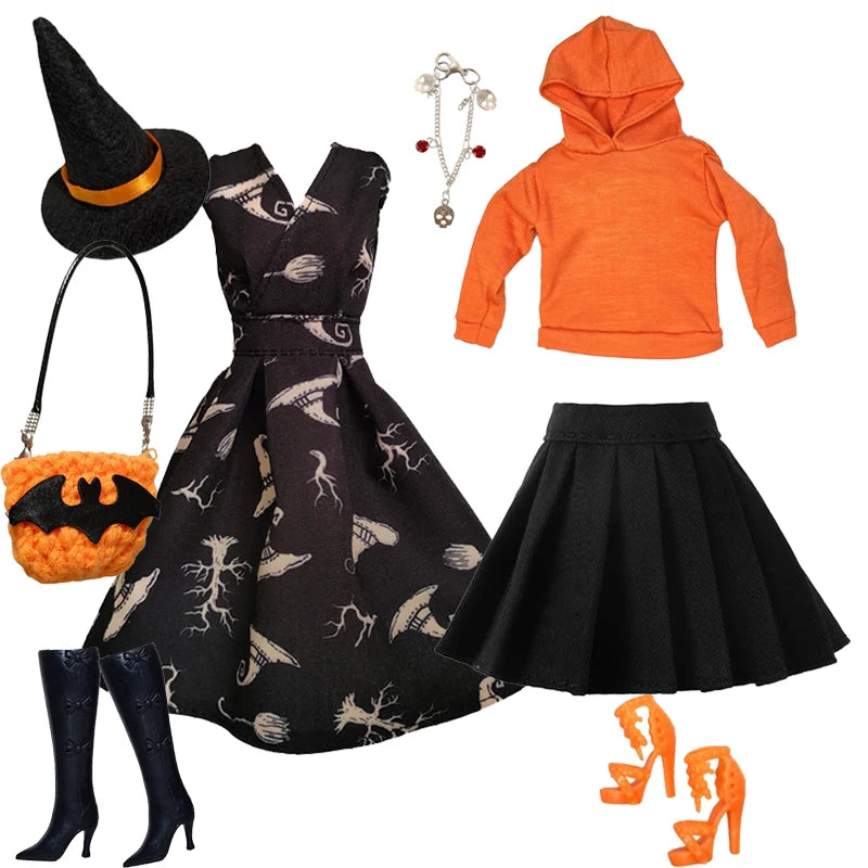 1/6 Doll Cosplay Clothes Halloween dress Witch Cap Belts Bag Broom Outfits for 12inch BJD Doll 30cm Doll Barbi Xinyi FR Doll