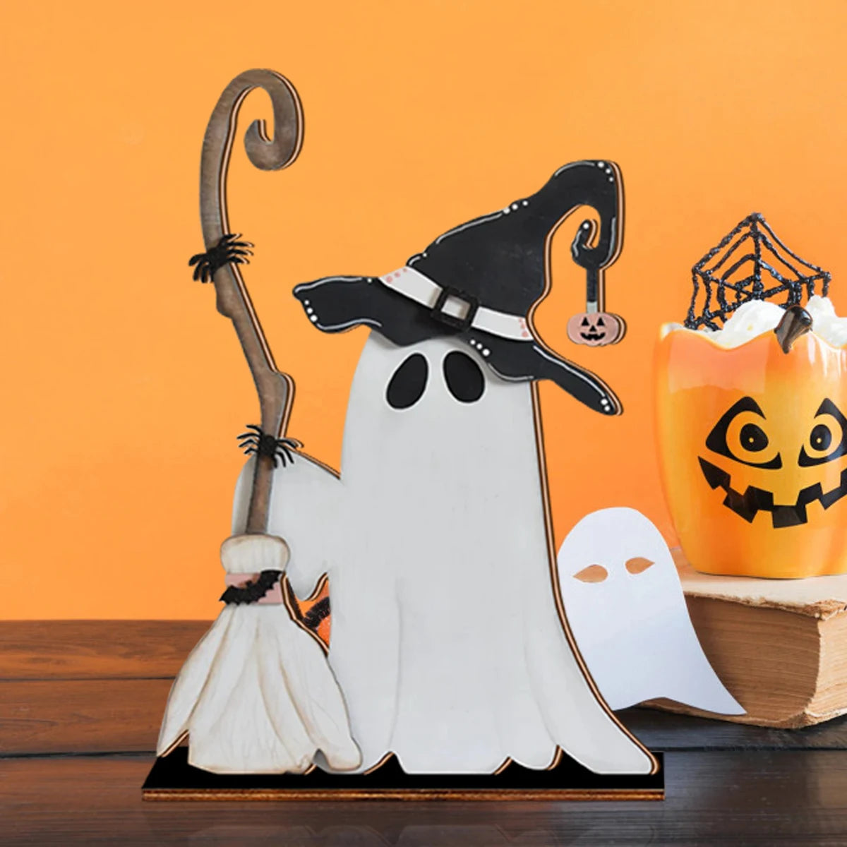 Halloween Decor Wooden Ghost with Witch Hat and Broom - Cute Home Party Ornament