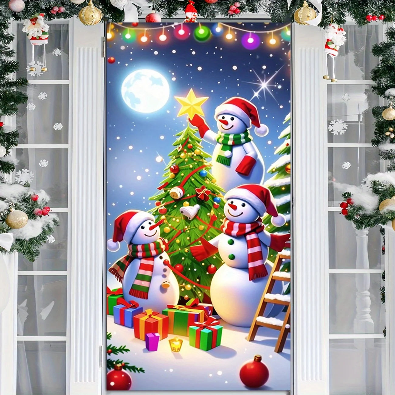 Christmas door casing, snowman decorated Christmas tree, washable to add joy, perfect holiday, entrance and outdoor party