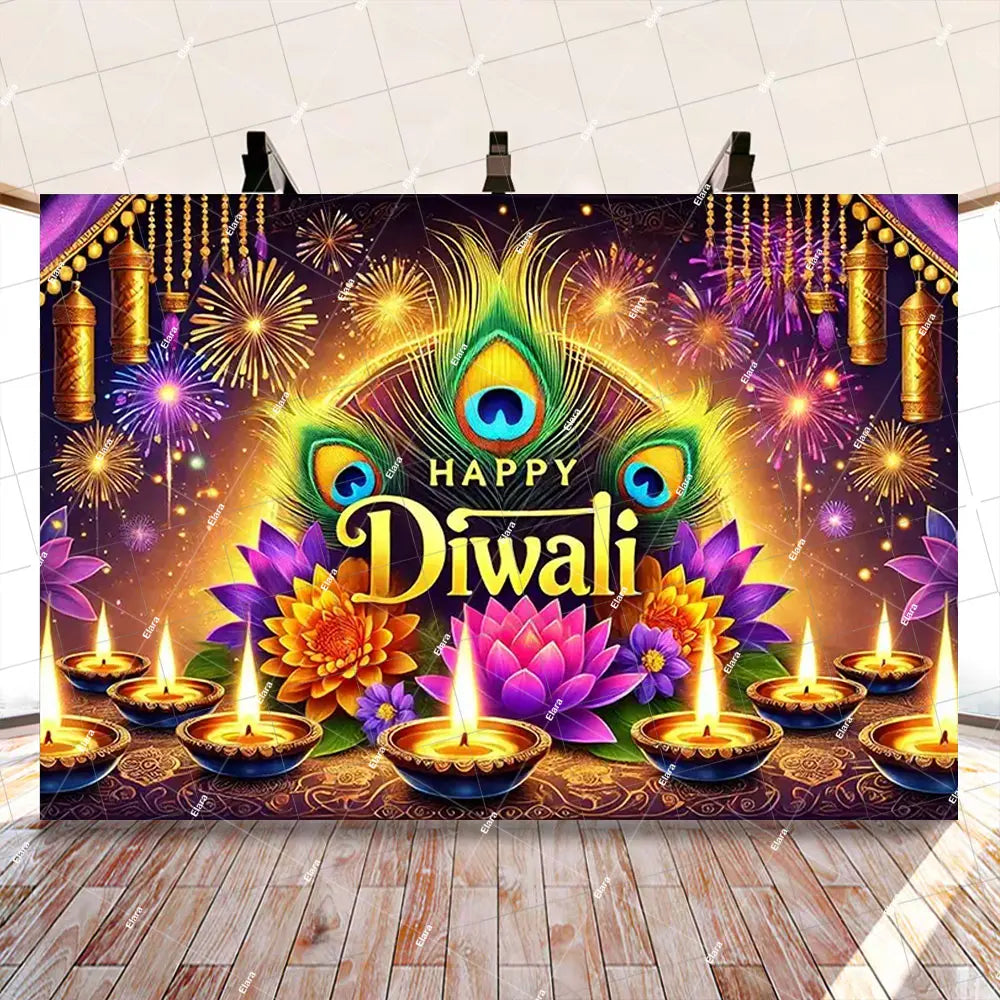 Diwali Decorations Indian Diwali Festival Deepavali Peacock Candle Wedding Birthday Party Supplies Backdrop Banner Photo Studio