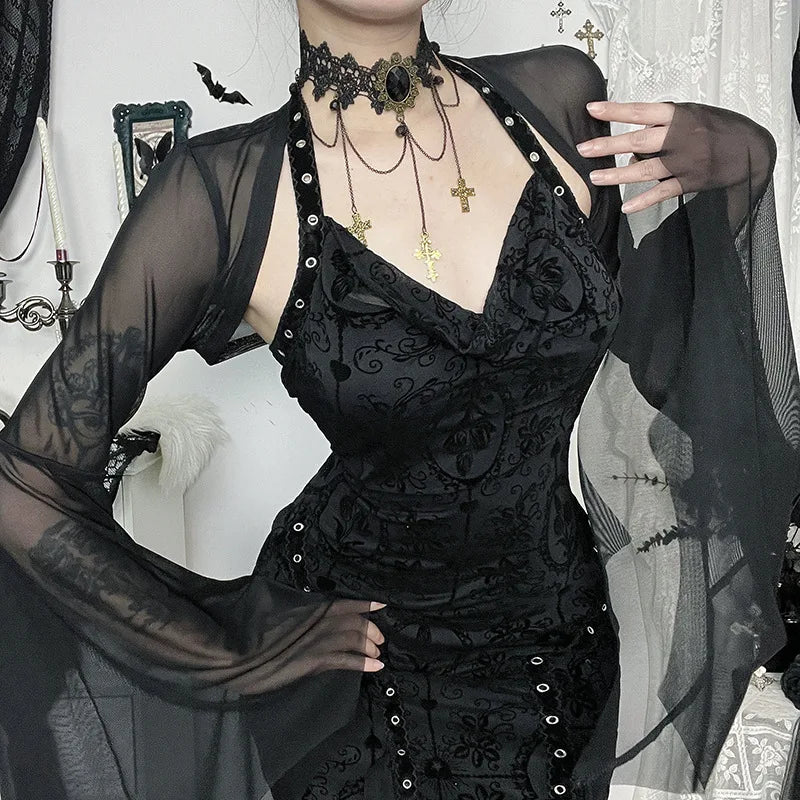 AltGoth Halloween Gothic Mesh Smock Women Vintage Streetwear Witch See Through Bat Sleeve Crop Blouse Sexy Cosplay Clothes Femme