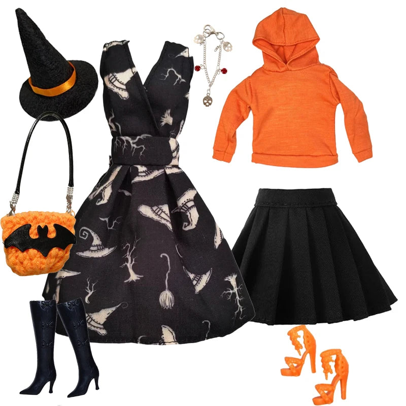 1/6 Doll Cosplay Clothes Halloween dress Witch Cap Belts Bag Broom Outfits for 12inch BJD Doll 30cm Doll Barbi Xinyi FR Doll