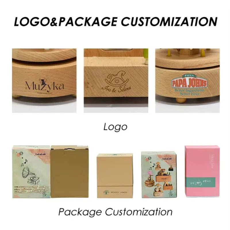 Christmas Gifts Wholesale Logo Engrave Mechanical Wind Up Clockwork Rotating Carousel Ballerina Music Box Wooden For Present