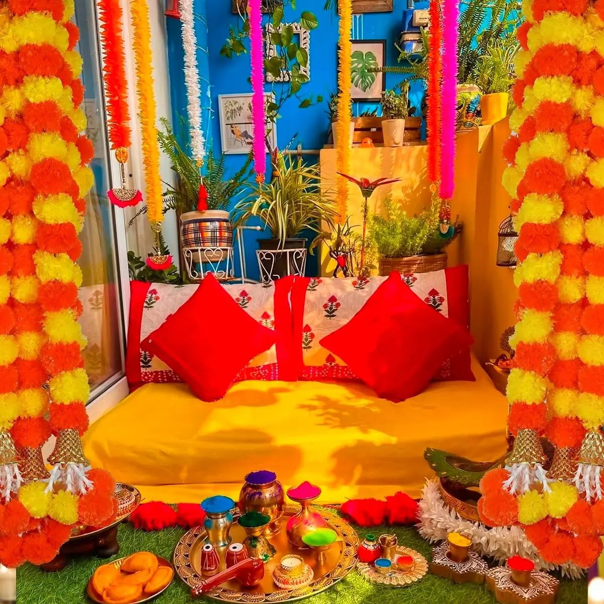 Plastic Marigold Flower Garland Artificial Festival Wreath for Diwali Celebration Day of The Dead Christmas Party Supplies